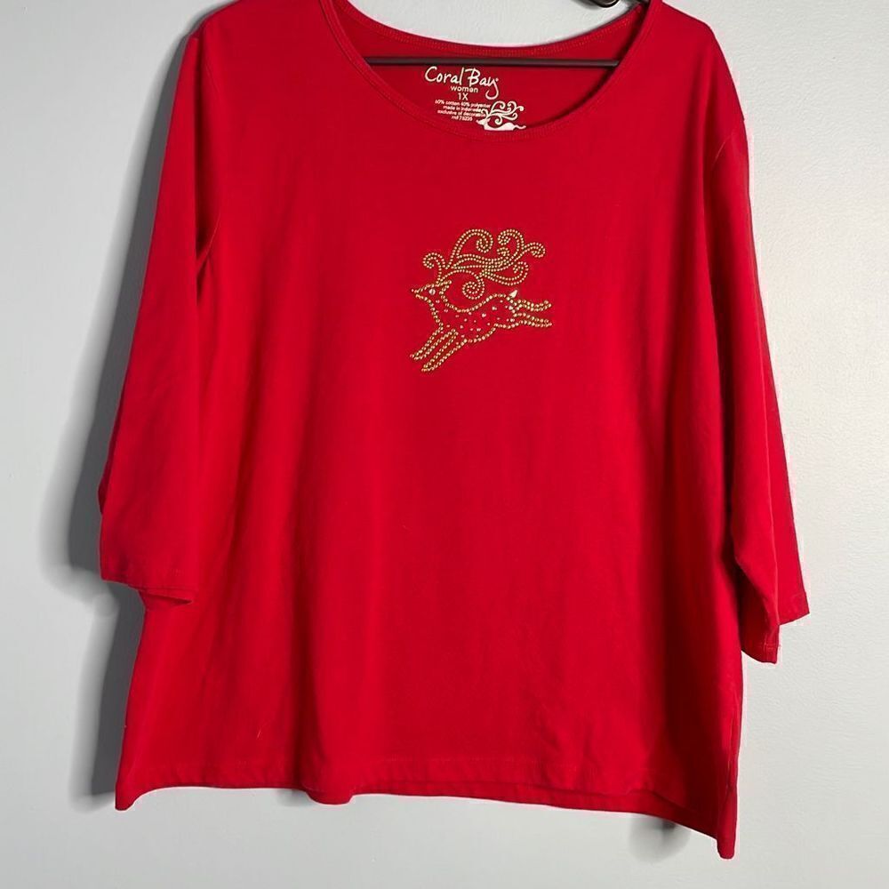 Coral Bay Christmas Shirt Blouse with Gold Grommet reindeer 1x